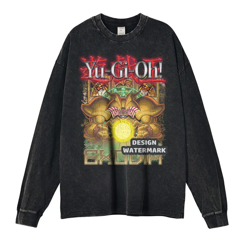 

Anime Yu Gi Oh Long Sleeve T-shirt Blue Eyes White Dragon Black Magician Vintage Washed Manga Sweatshirt Oversized Men Girl