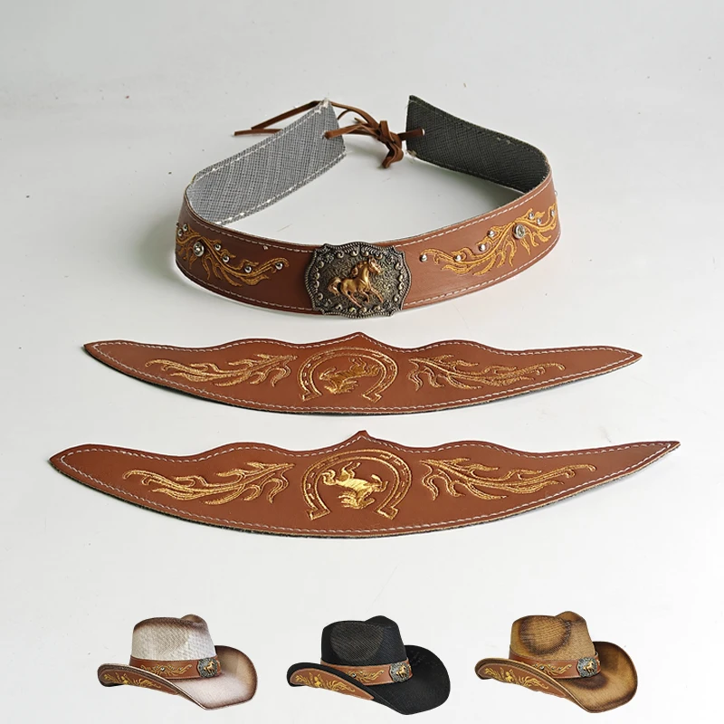 Cowboy Hat Horse Head Three-piece Set Accessories Fashionable Embroidered Hatband Unisex Straw Hat Accessories Outdoor Decoratio