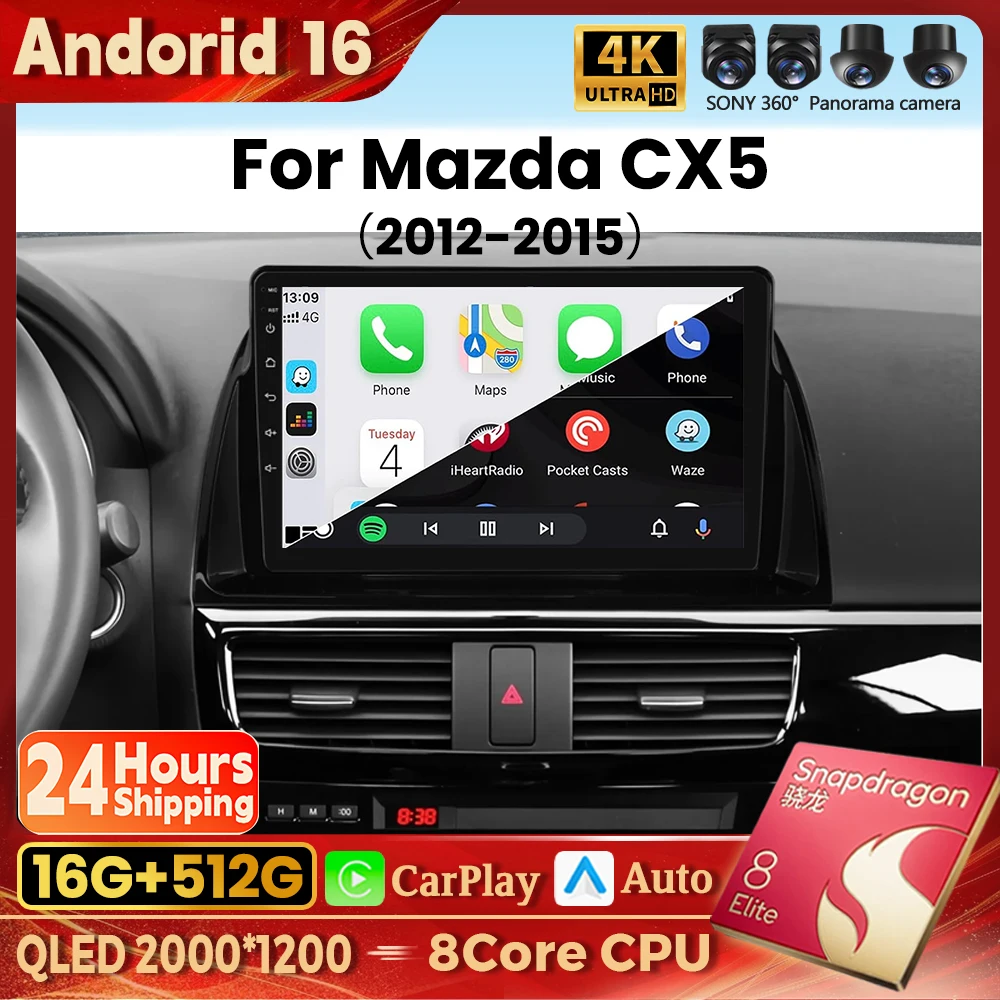 Android 16 Carplay Auto Qualcomm 2K QLED Bildschirm Autoradio für Mazda CX5 2012 - 2015 GPS Multimedia Wifi 4G BT Navigation