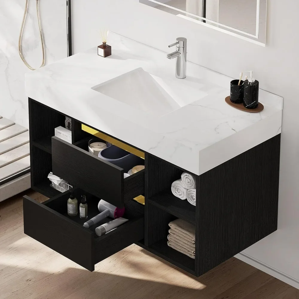 40 Inch Black Floating Vanity Bathroom with White Sintered Stone, Wall Mounted Vanity with Ceramic Sink Included 2 Drawers