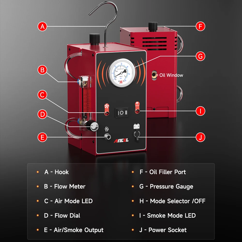 ANCEL-S300 Car Smoke Leak Detector, 12V Turbo com bomba, EVAP Pipe Leak Locator, Smoke Generator, Diagnostic Tool for Car and Motorcycle