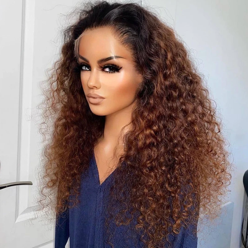 Soft Long 180Density 26Inch Ombre Brown Natural Hairline Kinky Curly Lace Front Wig For Black Women With Baby Hair Preplucked