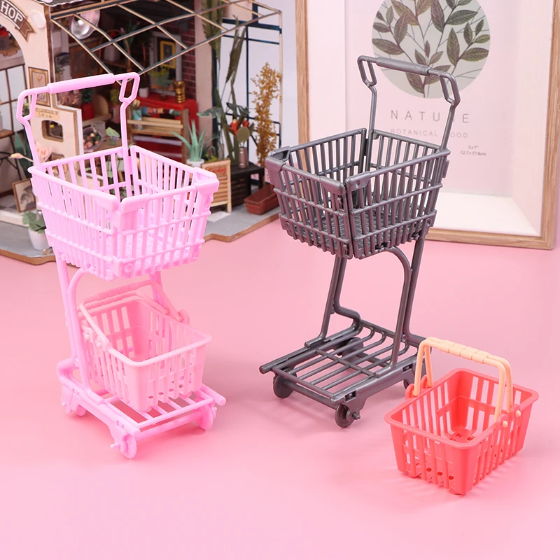 1/12 Dollhouse Mini Shopping Cart Supermarket Shopping Basket Model Dollhouse Supermarket Decoration Accessory Pretend Play Toy