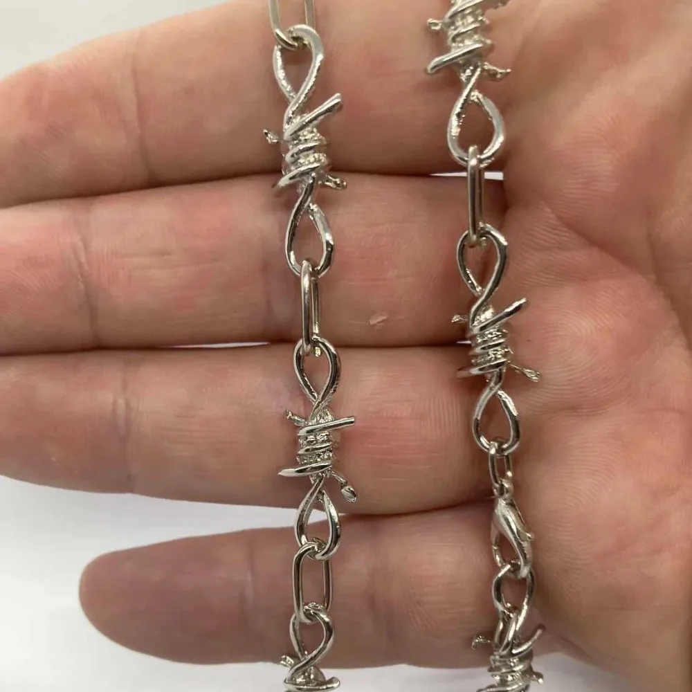 Y2K Gothic Silver Color Barbed Wire Thorn Chain Adjustable Long Pendant Necklace for Men Women Unisex Punk Hip Hop Party Jewelry