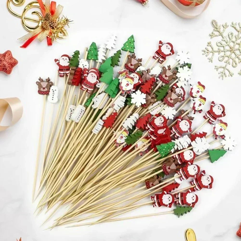 100PCS Christmas Cocktail Picks with Bambusa Material Featuring Tree Santa Snowman Reindeer and Snowflake Designs for Parties