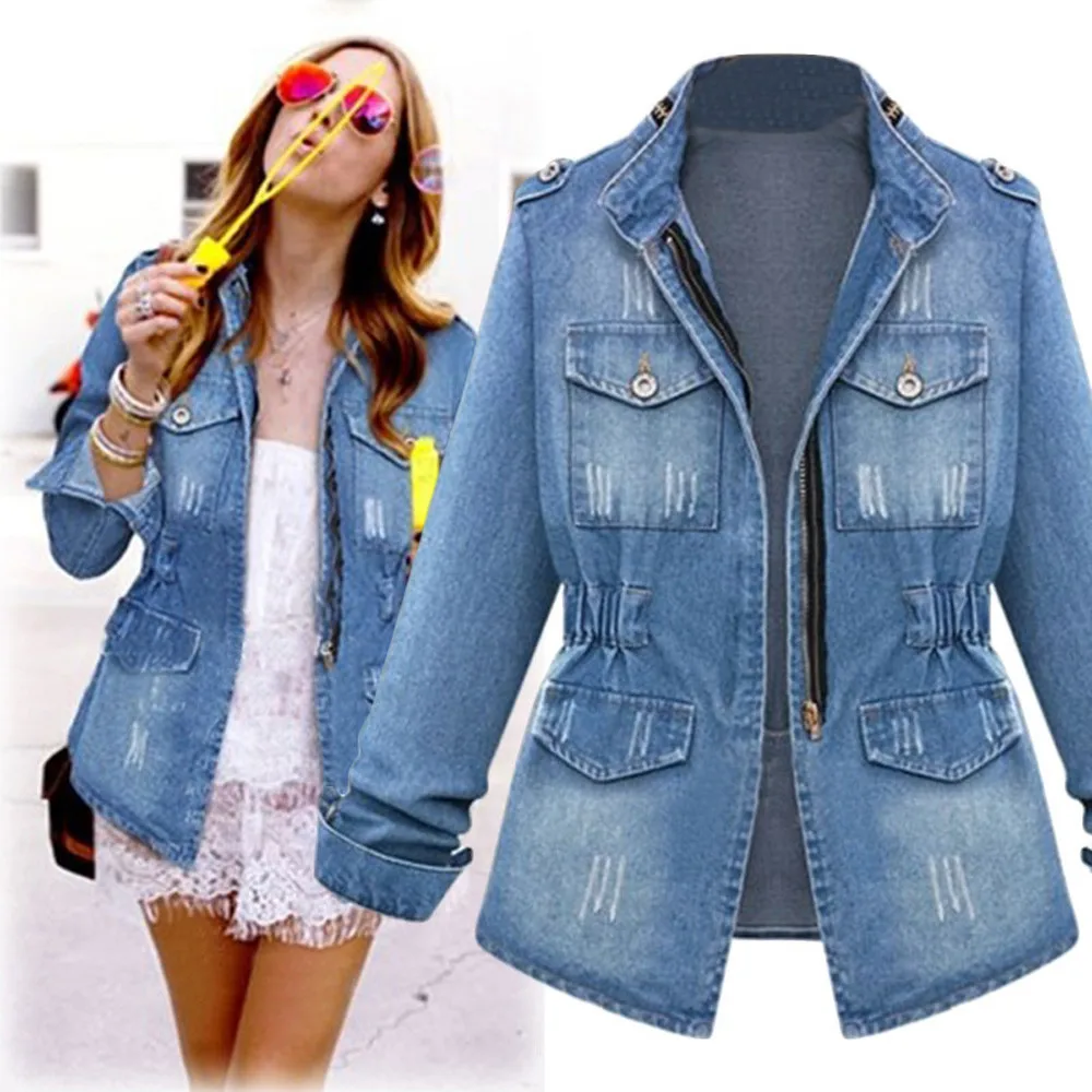 Jaket Denim kasual ramping pinggang elastis mantel Denim Wanita kancing ritsleting musim gugur jaket Jeans saku lengan panjang jaket sobek sobek