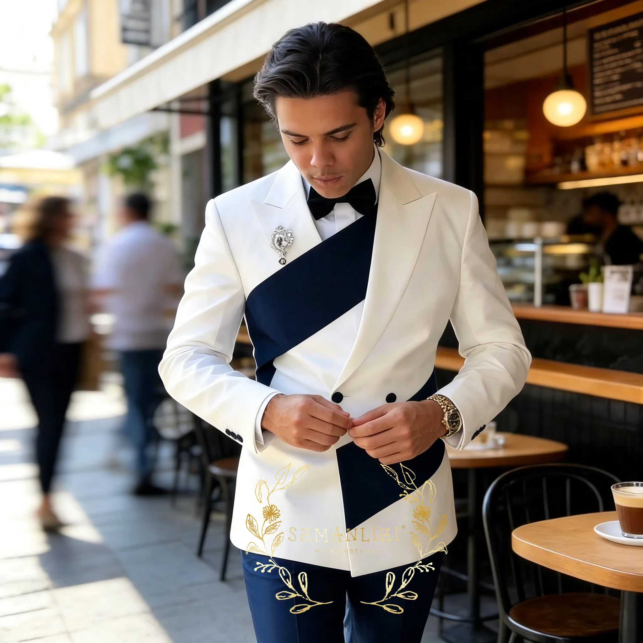 Latest Coat Pant Design White Double Breasted Peaked Lapel Men Suits Wedding Groomsmen Tuxedo 2 Piece Blazer Sets Clothing