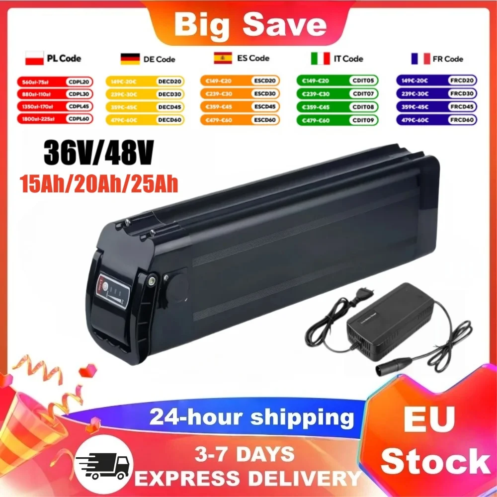 Faltbarer E-Bike-Akku 36V 48V 20Ah 15Ah 25Ah Silverfish Li-Ionen-Akku mit integriertem BMS und 2A-Ladegerät, kompatibel mit Bafang 250W 500W 750W 1000W Motor