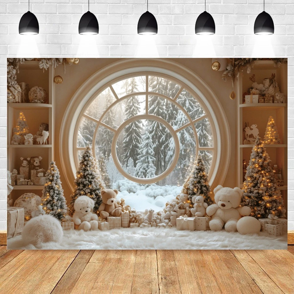 クリスマスの背景おもちゃのクマ,室内の窓の贈り物,雪の冬,赤ちゃん,子供の肖像画,クリスマスパーティー,写真の背景