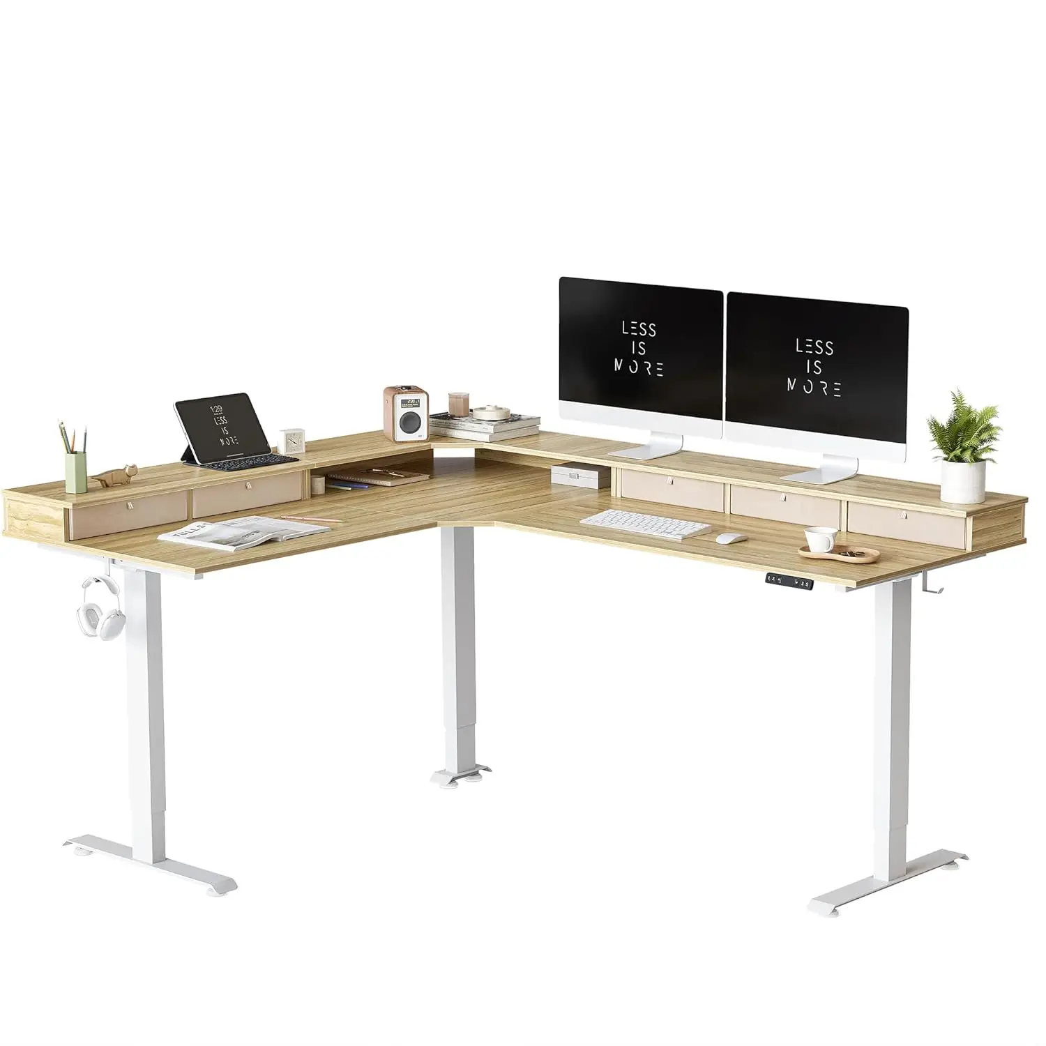 

L-Shaped Electric Standing Desk with Drawers, 75" Reversible Corner Gaming Workstation, 265lbs Load, White/Natural, Customized
