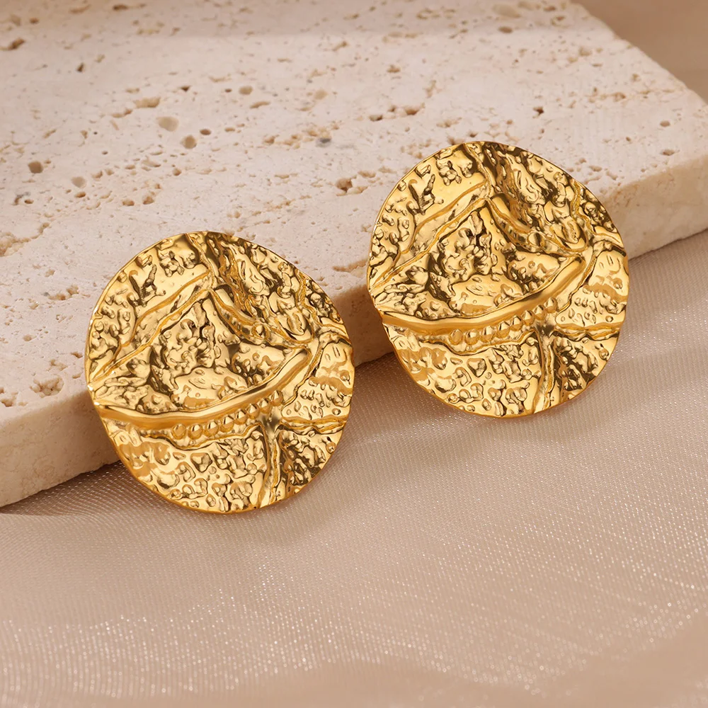 Stainless Steel Round Texture Stud Earrings Vintage Creative Minimalist Stud Earrings Girls Trendy Jewelry Accessories Gifts