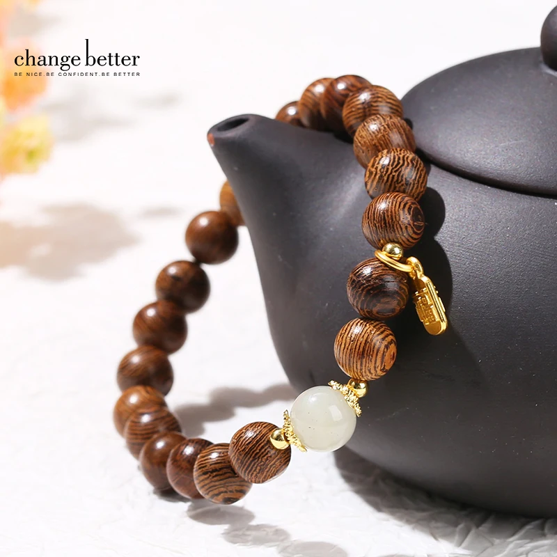 Change Better Natural Wenge Wooden Bead Light Green Jade Lucky Bracelet Women Tibetan Buddha Rosary Handmade Yoga Prayer Gift