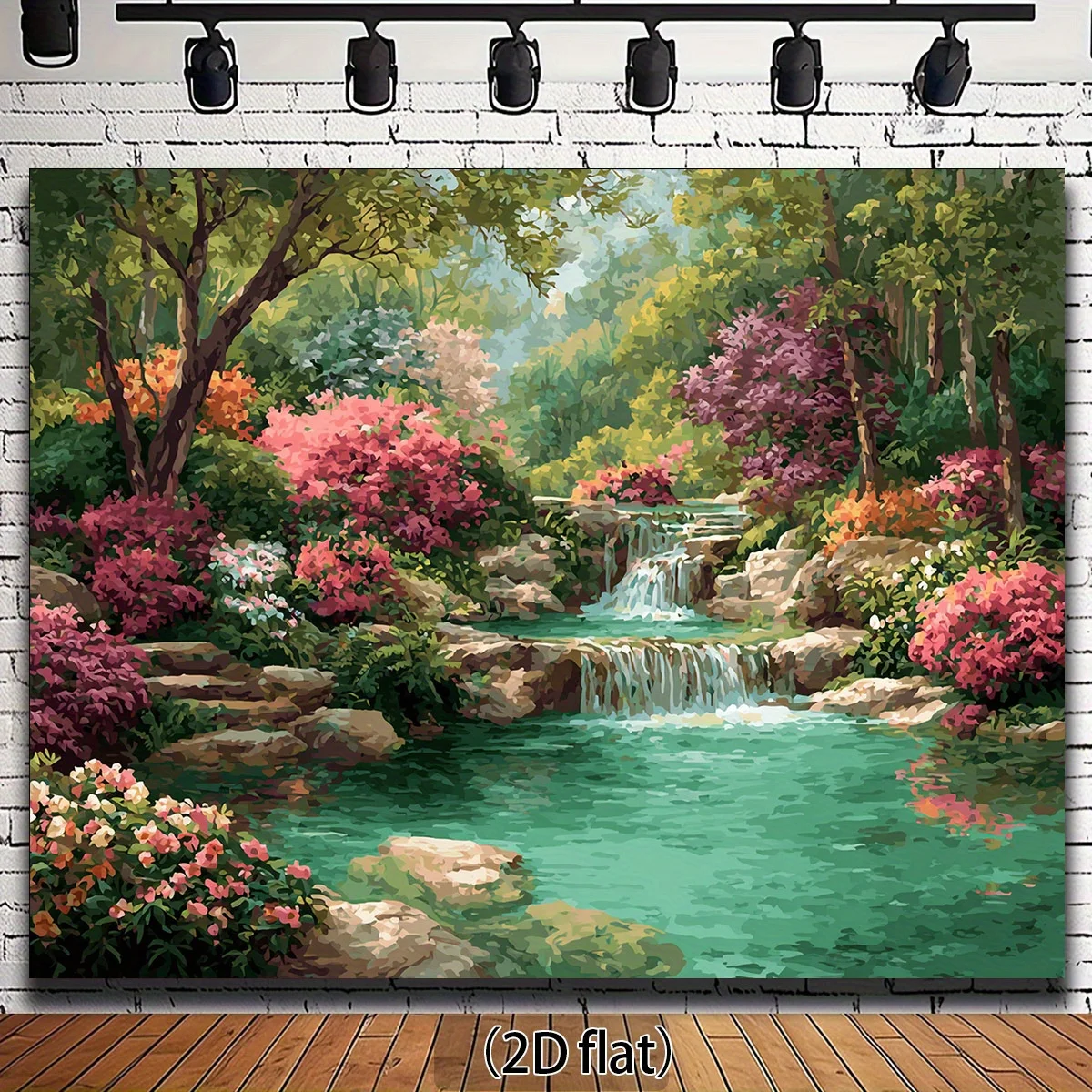 2D plano, 1 pieza de fondo mural de pared grande con temática natural con cascada, flores de cerezo y vegetación - Verde pastel plano 2D y rosa
