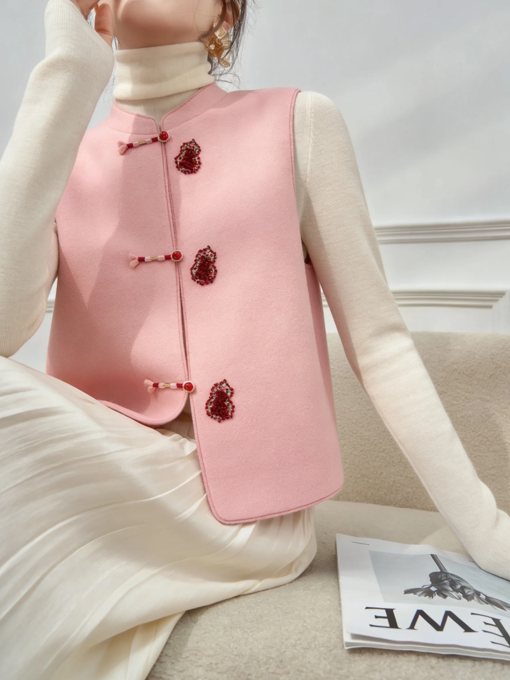 

Pink New Chinese Sle Small Stand Collar Sweater Vest Women's Faionable Commuter Sle Polyester Blend Outerwear