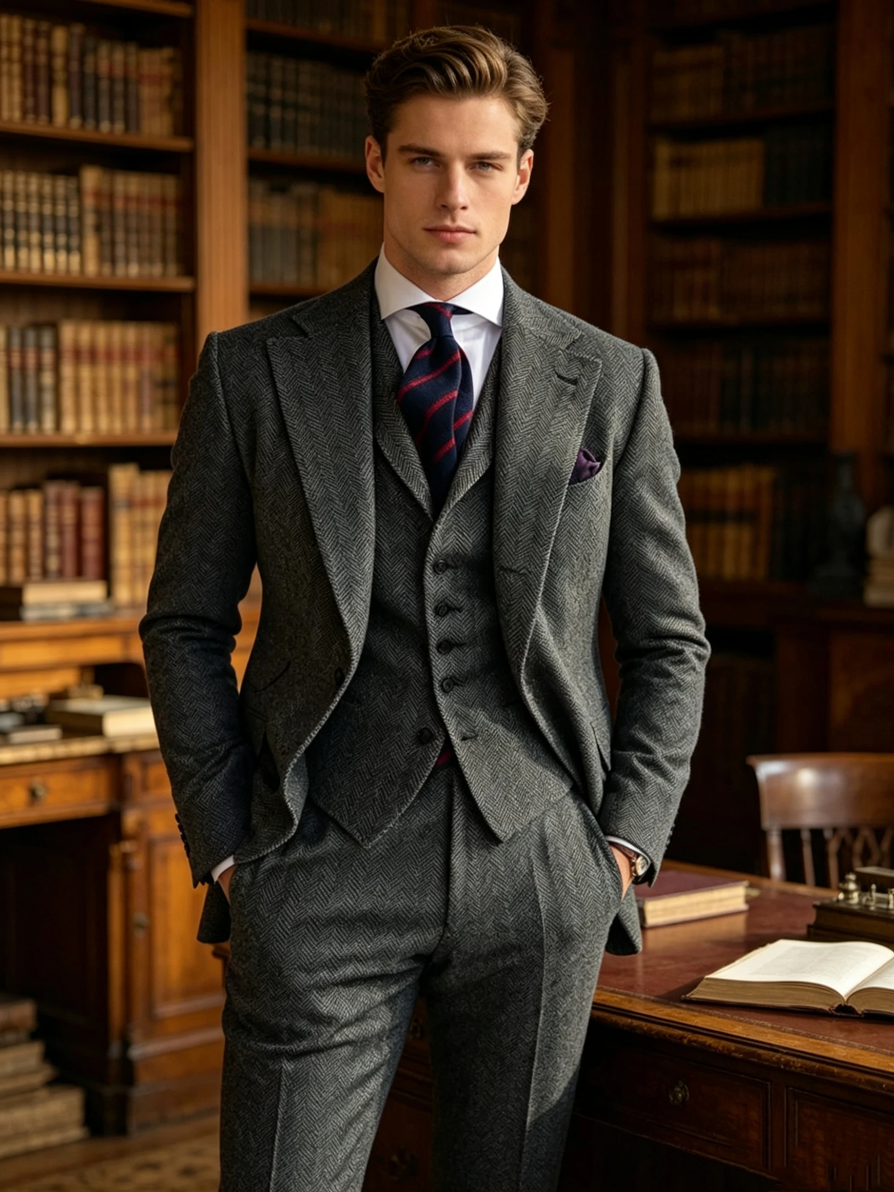 

Dark Gray 3 Pieces Mens Business Suits Wool Classic Herringbone Pattern Groom Tweed Tuxedos for Wedding (Blazer+Pants+Vest)
