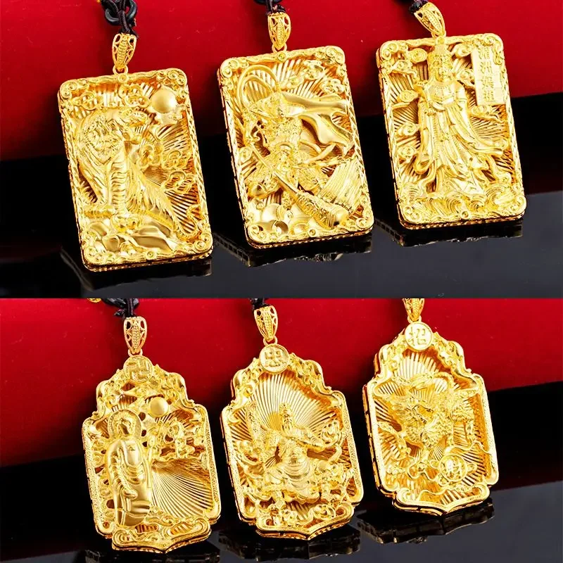 

Real Gold Plated Luck Goddess Matsu of the Sea Mazu Buddha Pendant Men's and Women's Double Layer Sandblasting GuanGong Necklace