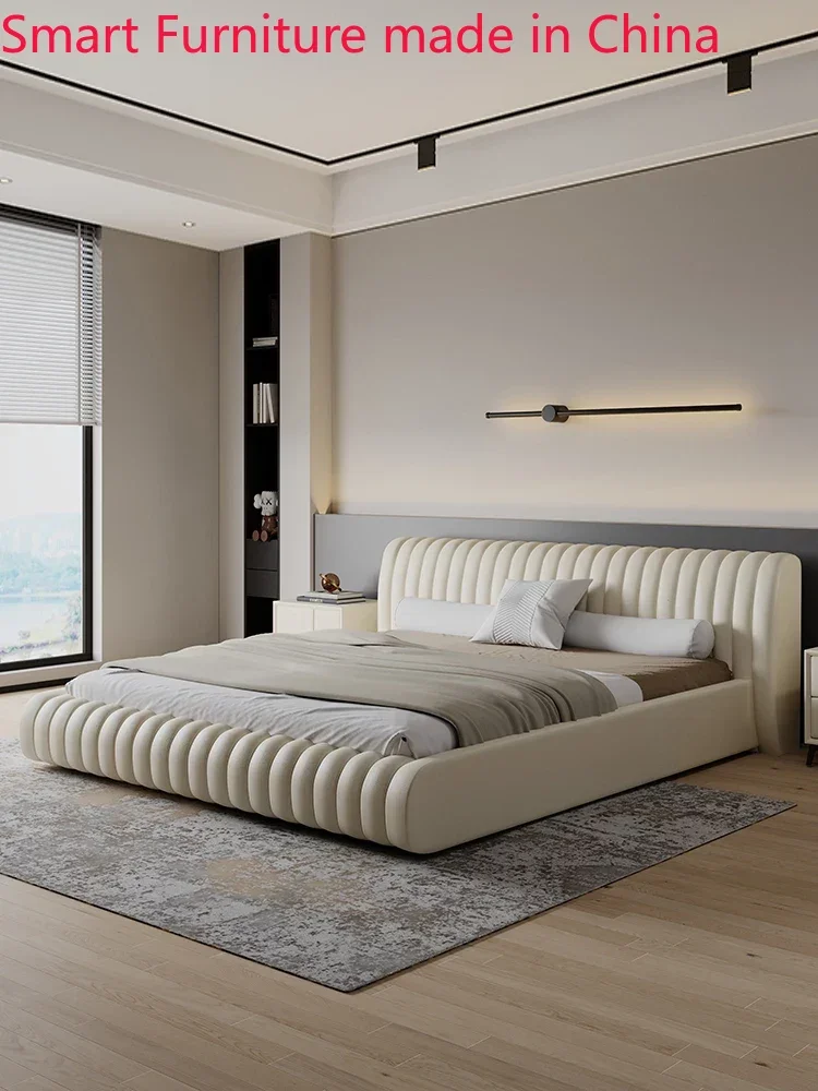 

Modern simple leather bed, Italian light luxury minimalist first floor cowhide 1.8m small double master bed