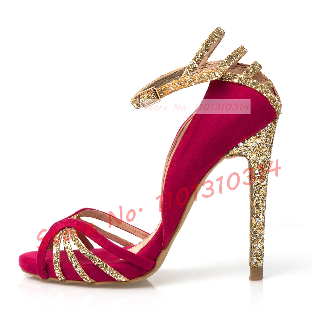 Fuchsia Suede Gold Glitter Sandals Women Sparkly Cross Strap High Heels Shoes 2023 Summer Mixed Colors Peep Toe Bridal Sandals