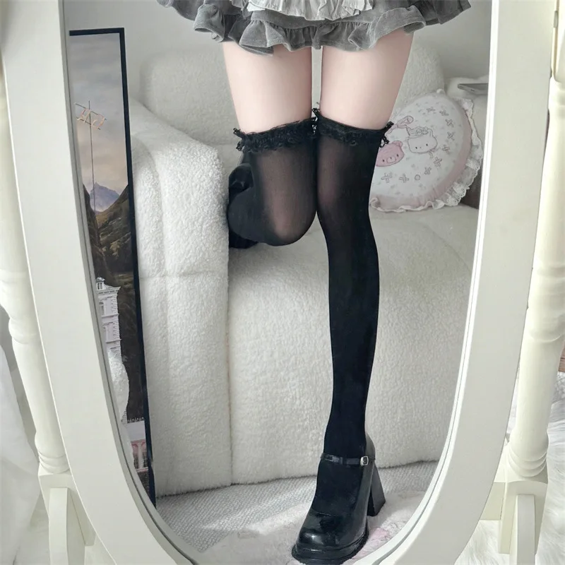 

Lace Trim Extra Long Thigh High Socks White Lolita Sheer Stockings Japanese Over Knee Tights Elegant Stretchable Kawaii Socks