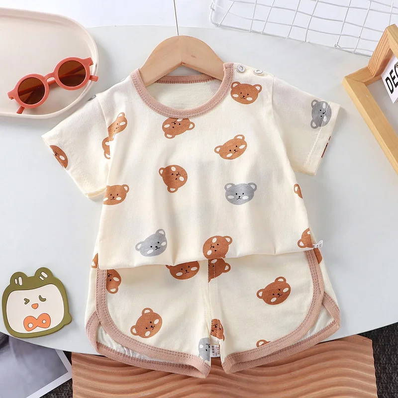 New summer baby clothes 0-4 years old boy cartoon bear T-shirt shorts pink cute cotton girl short-sleeved top suit