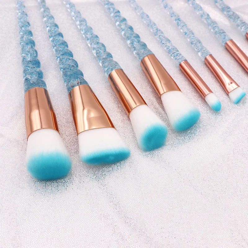 Blue Unicorn Makeup Brushes Set, Crystal Diamond Brush Kits, Pincel de maquiagem, Pó, Sombra, Fundação, Lábio, 10Pcs