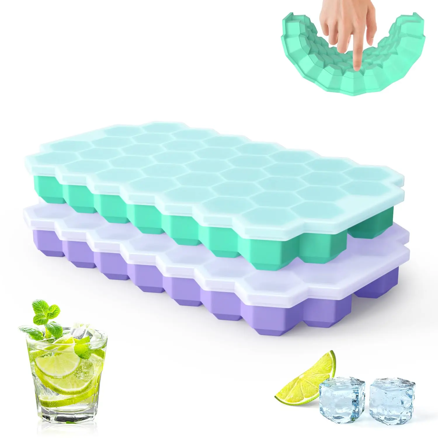 37Grid  Ice Cube Trays for Freezer with Lid Silicone, Easy-Release Reusable Small Ice Cube Molds for Ice Bucket Bar Iced Coffee