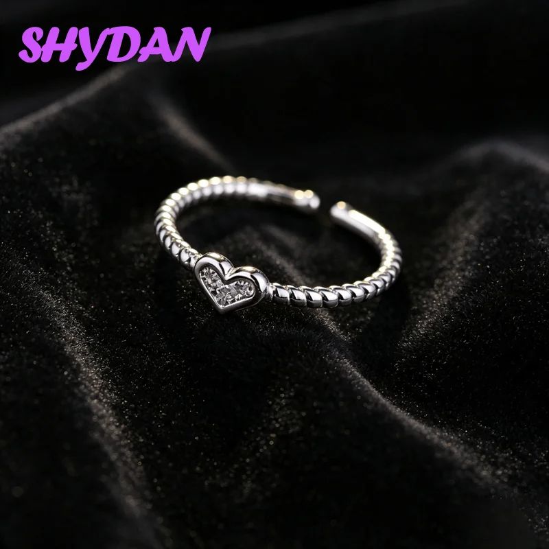 SHYDAN 925 Sterling Silver Small Heart Zircon Twisted Open Ring for Women Fashion Jewelry