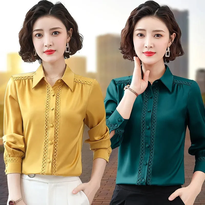 

Korean White Office Women Chiffon Shirt Pocket Button Lapel Ladies Blouse Spring Commuter Long Sleeve New Female Crop Tops