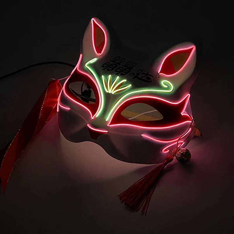 Demi-masque néon lumineux de vacances, masque de renard clignotant dans l'obscurité, masque de renard lumineux LED d'halloween pour femmes et filles, accessoires de cosplay