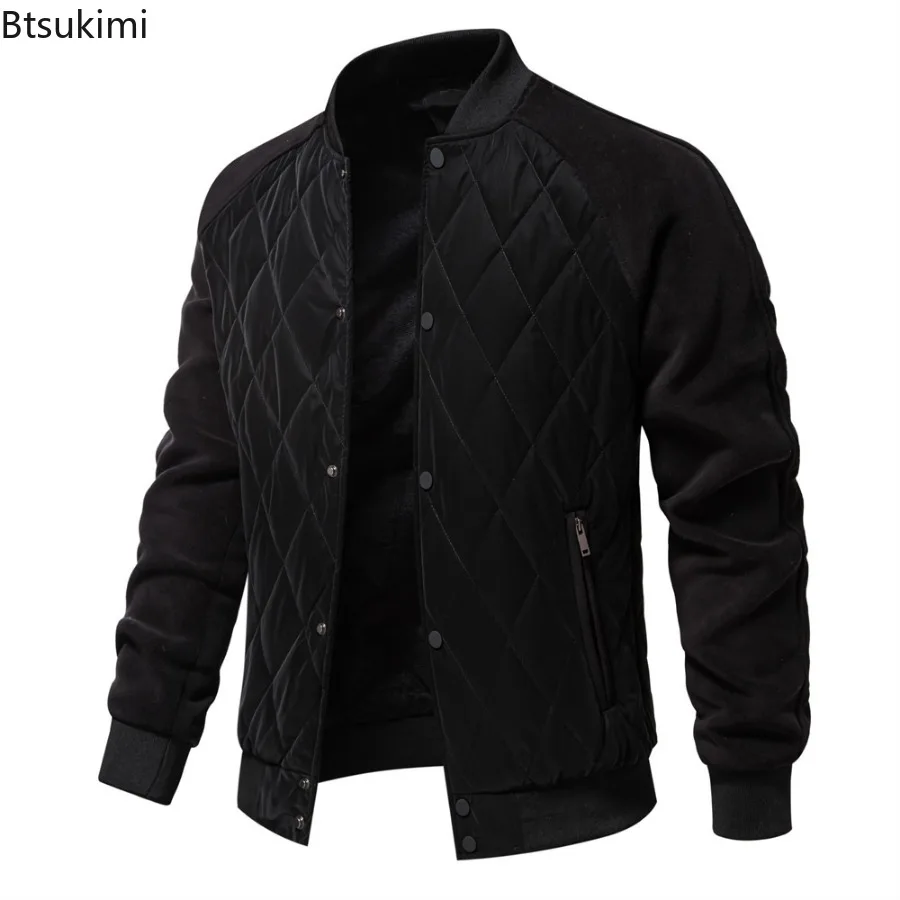 Men's Autumn Winter Thickened Fleece Lined Bomber Jackets Fashion Patchwork Stand Collar Warm Casual Coats Male Baseball Jackets
