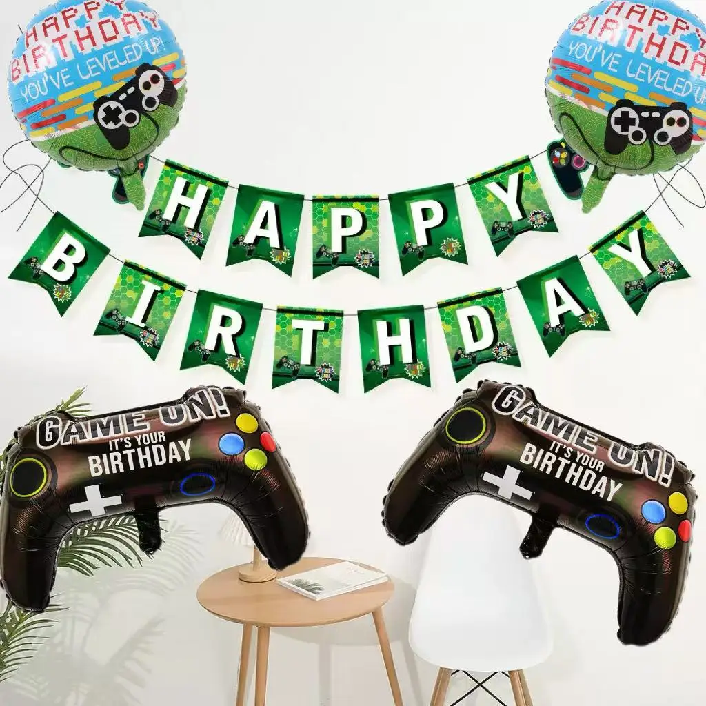 5 pcs blue and green games, happy birthday, flag raising controller, balloons, boys' birthday theme, party decoration - view 3