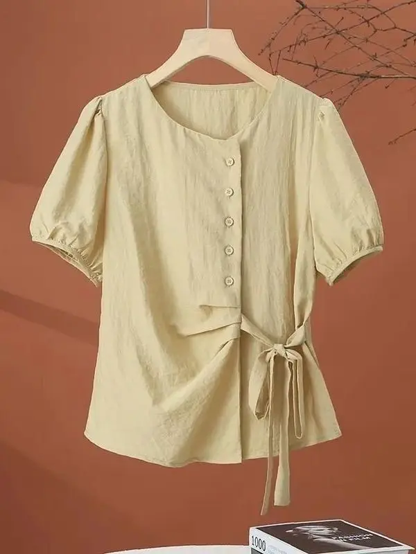 

Chic Summer ort Sve Asymmetrical Hem Blouse Women's Faionable Slimming Top Korean Sle Loose Fit round Ne irt