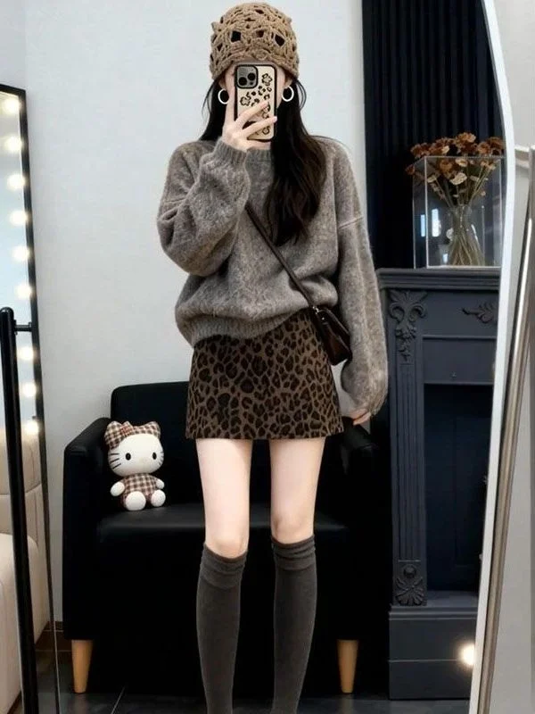 

Korean Sle Autumn Winter Leopard Print Two-Piece Set Women's High Waist Sweater Knitted ort Skirt Faion Ensemble