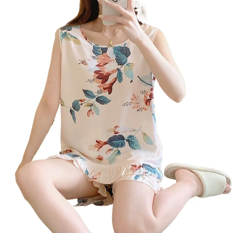 

Summer Short-sleeved Suspenders Artificial Cotton Set Sleeveless Vest Air Conditioner Loungewear Women's Cotton and Silk Pajamas