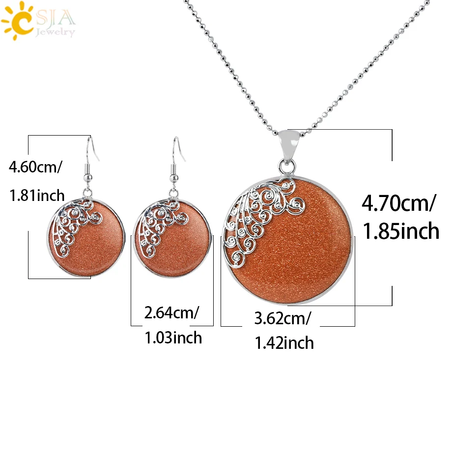 CSJA Natural Stone Necklaces Jewelry Set Butterfly Dangle Earrings Round Brown Sand Stone Pendant Party Women Jewellery G944