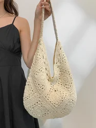 Handwoven Casual Large Capacity Shoulder Bag Bohemian Style Beach Vacation Bag Hook Knitted Bag Soft Fabric Pure Color Bag