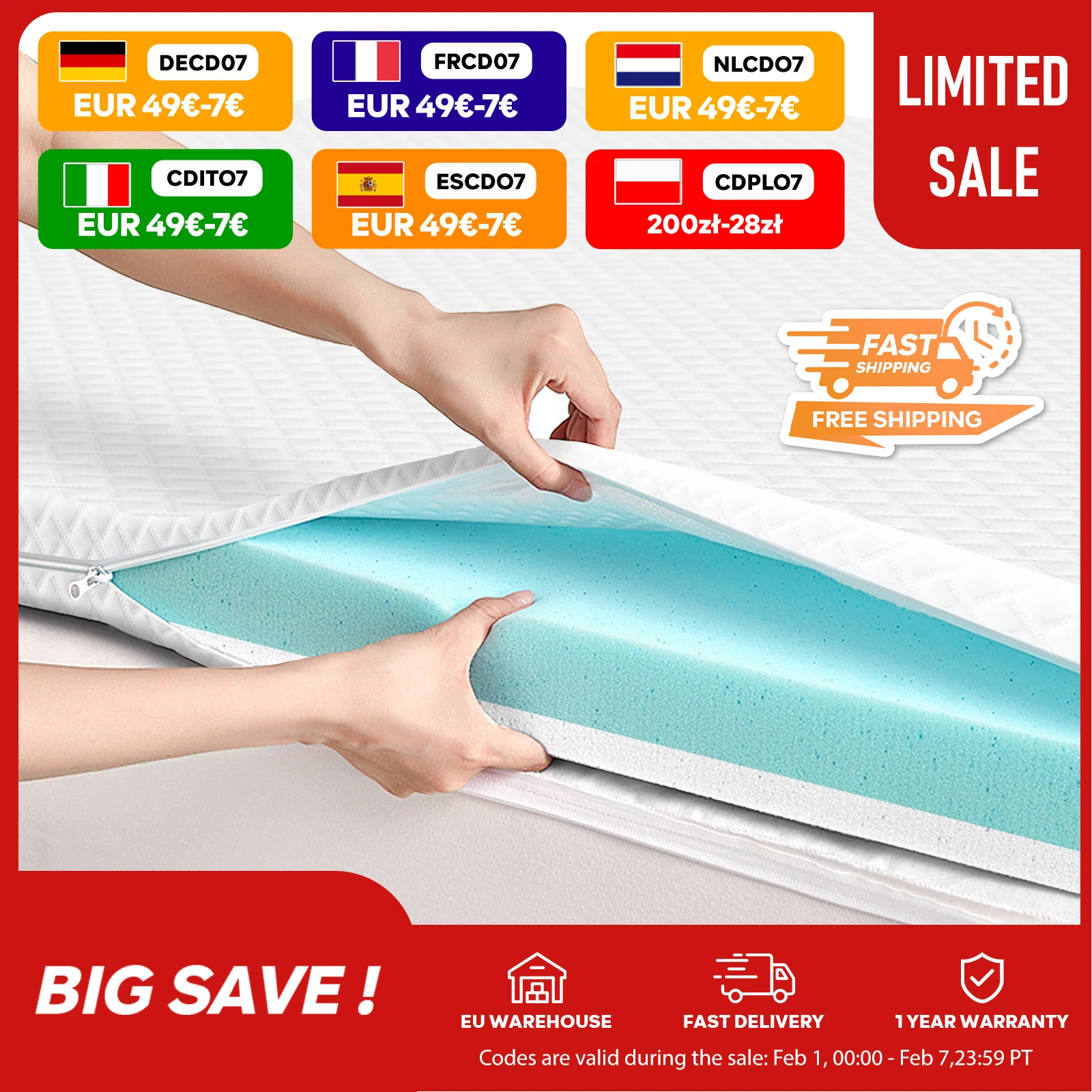 Protector de colchón con dureza H2/H3, topper de gel para comodidad y alivio de presión, topper de cama de 7 cm de altura, versátil