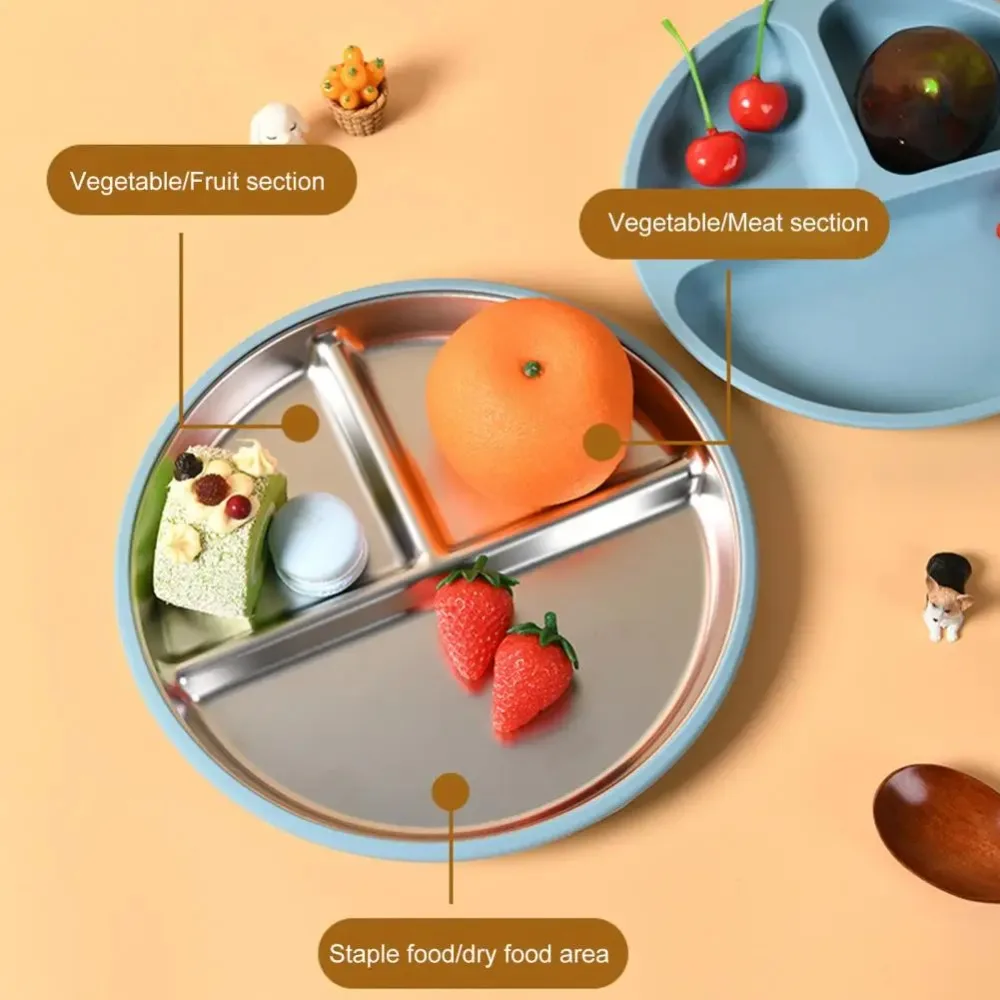 

Divided Design Suction Cup Plates Silicone Shell 304 Stainless Steel Children 3 Grids Dishes Safe Material Non-Slip