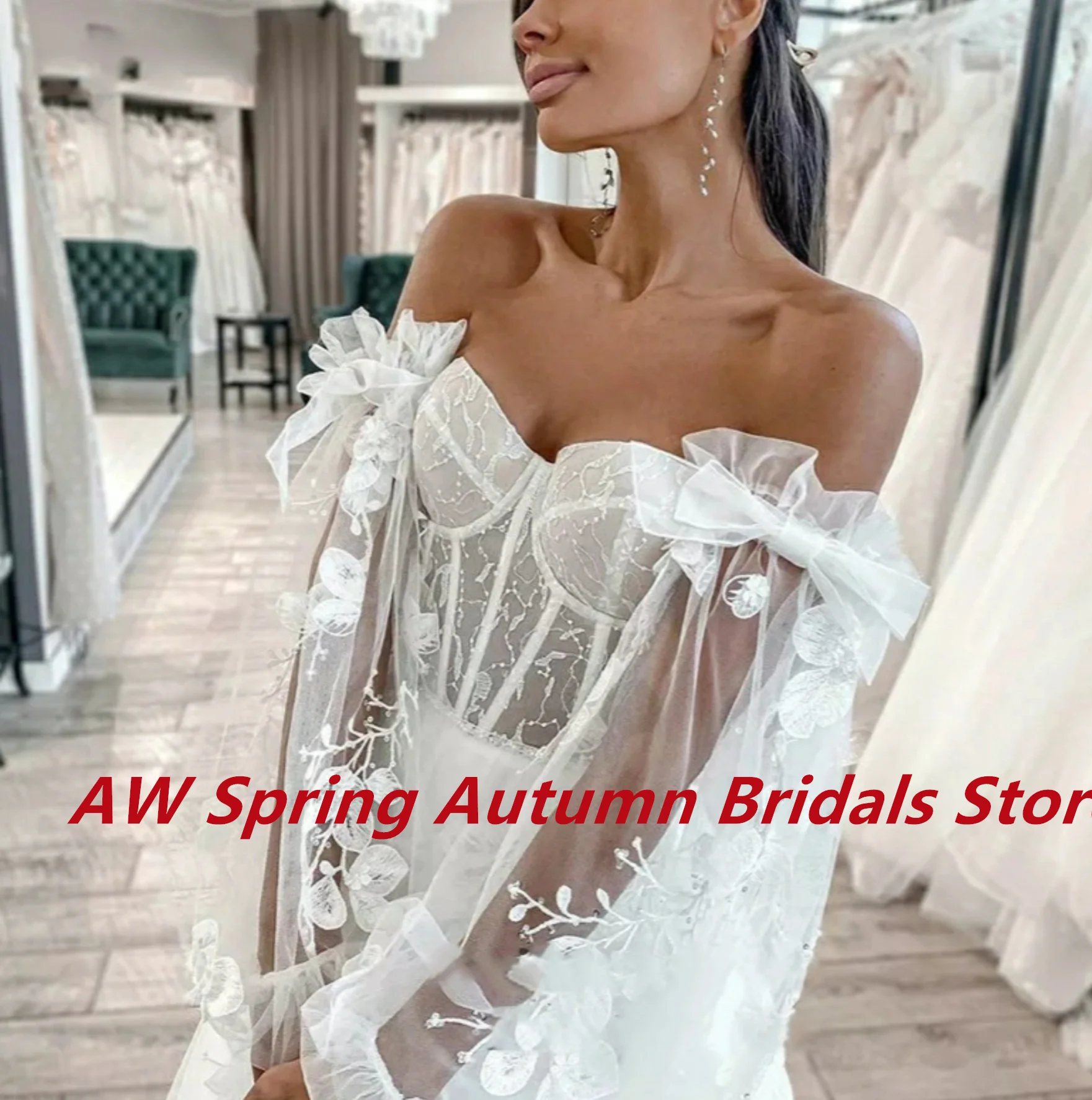 2024 A Line Detached Tulle Long Sleeves Lace Sequins & Floral Appliqués Corset Back Wedding Dresses Off Shoulder Bridal Gowns