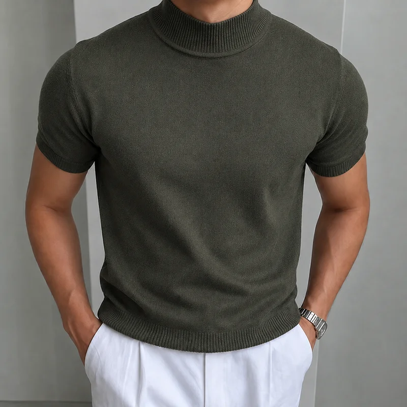 Herren Casual Einfaches Strick-T-Shirt Halbhoher Kragen Weicher Komfort Modisch Einfarbiges Strick-Kurzarm-T-Shirt Mock Neck Pullover – Detail 17