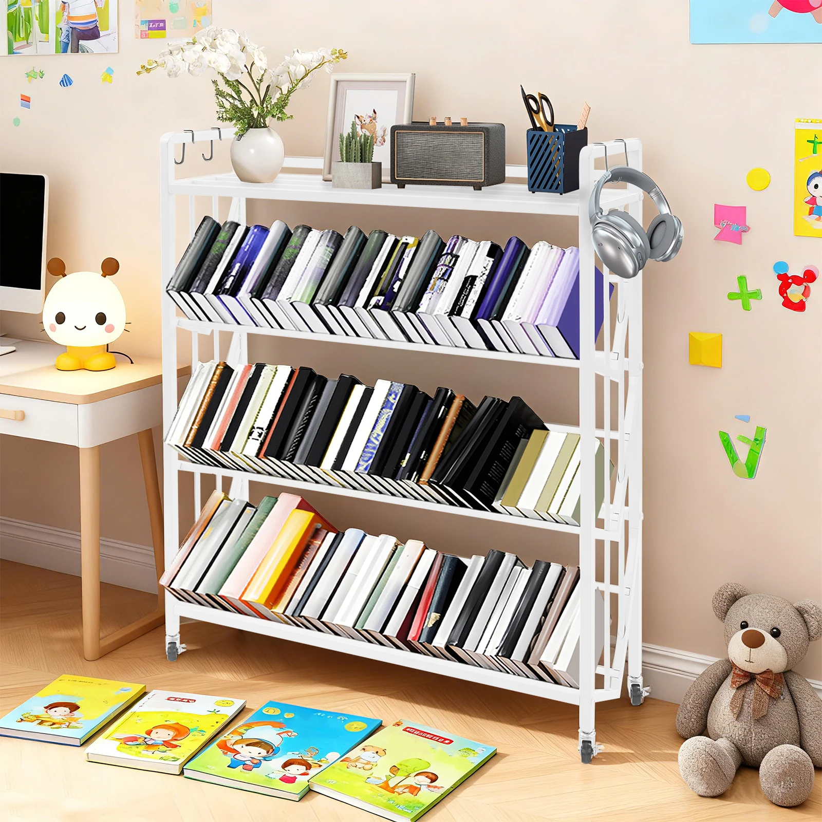 

4-Tier Rolling Book Cart, Large Capacity Bookshelf Storage Rack, Mobile Book Storage with Wheels Cart for Home Office, Classroom
