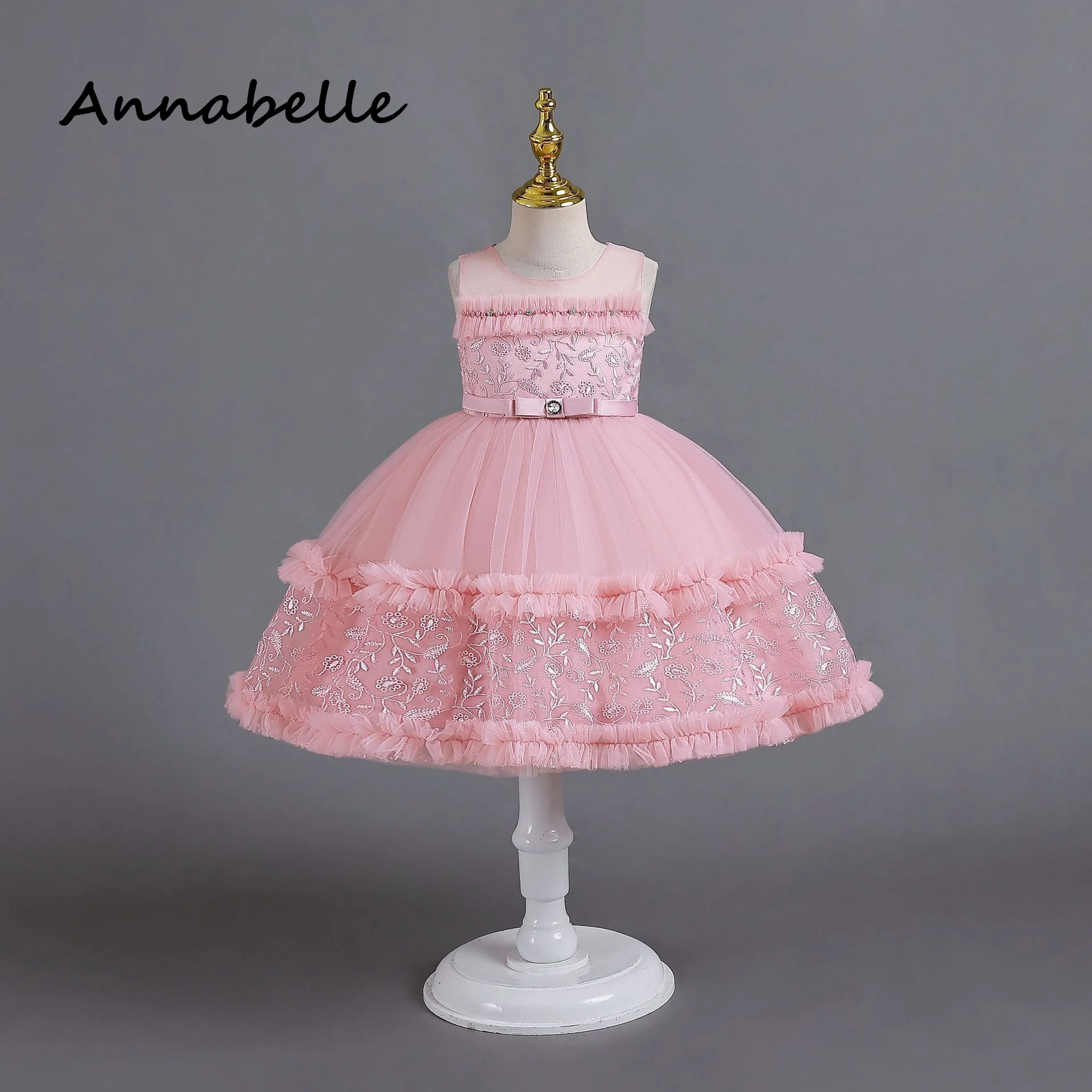 Annabelle-Vestido Apliques Puffy com Arco para Meninas, Princesa Dama De Honra Vestidos, Festa De Casamento, Cerimônia Da Bebé, Aniversário