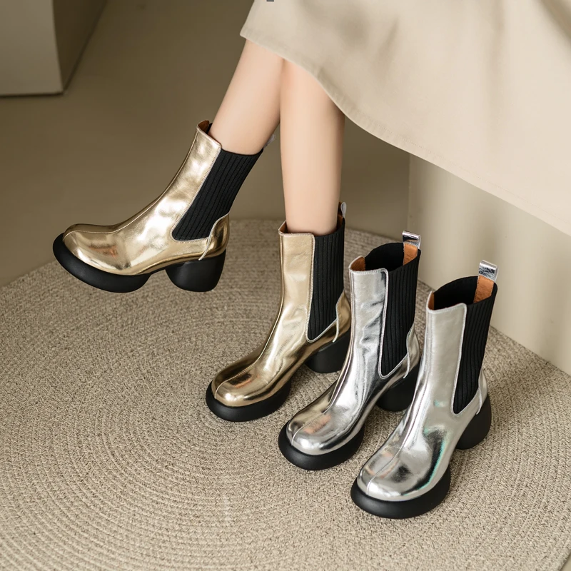 Silver Gold Short Women Boots Autumn Winter Round Toe Elastic Patchwork Patent Leather Shoes High Heel Ankle Boots for Woman