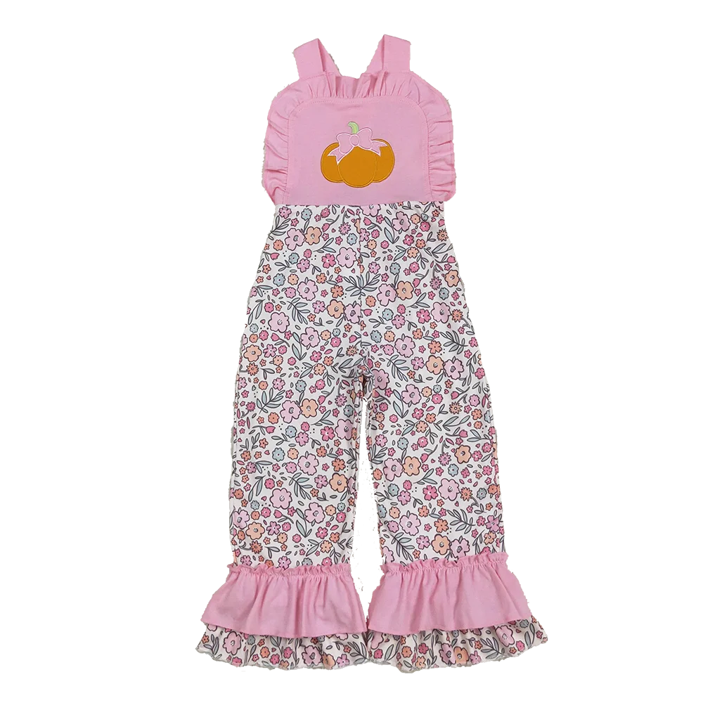 

8.18 Baby Girls Summer Jumpsuits Embroidery Bow Pumpkins Baby Girls Pink Strap Floral Ruffle Pant Jumpsuits