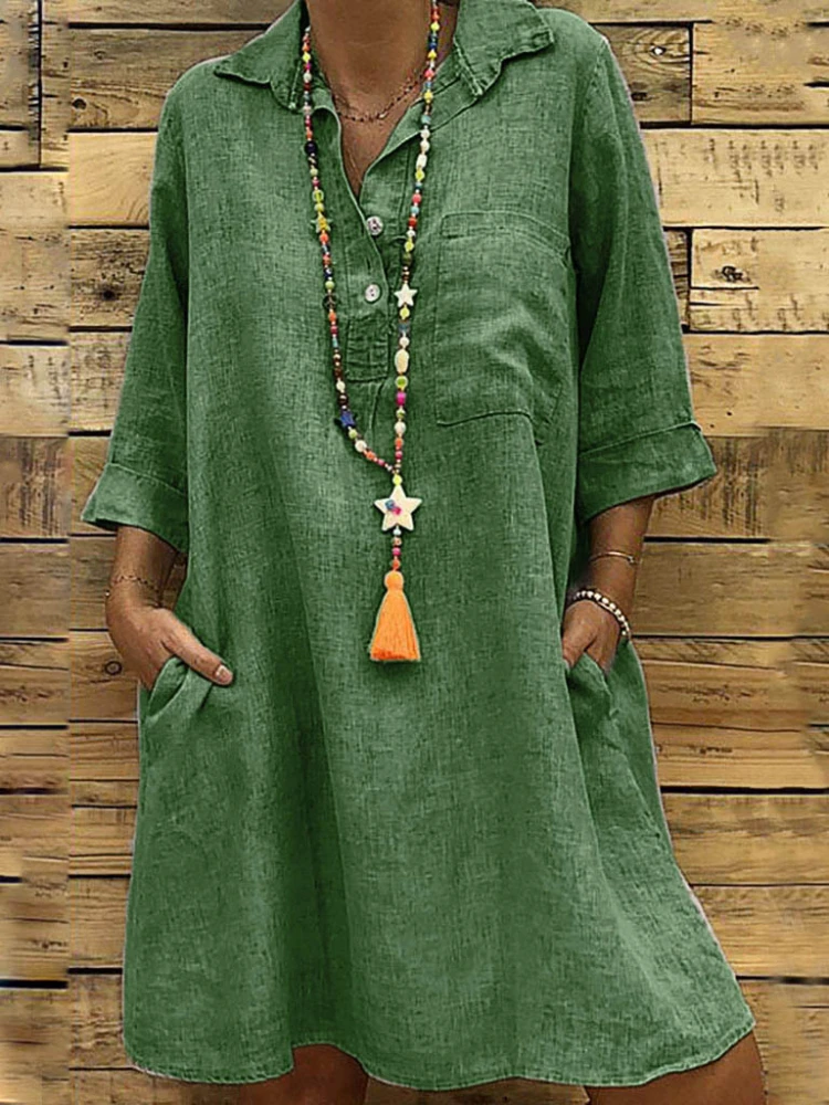 

Летние платья, Модное Новое однотонное платье с отворотом, Элегантное Длинное Платье с отворотом, свободная облегающая женская одежда в стиле ретро