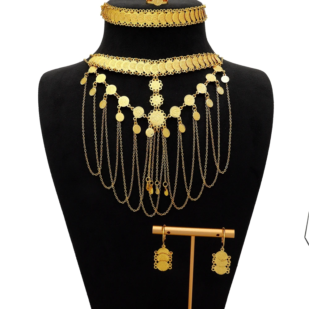 The best-selling new antique coin style necklace set gold plated 21k luxury bridal fashion jewelry set of 4 pieces