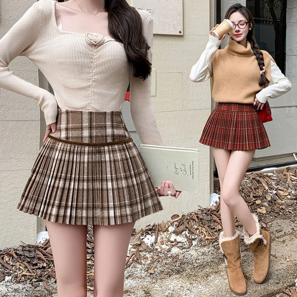 

Elastic Plaid Woolen Pleated Skirt Korean Style Tiered High Waist A-line Skirt Dress Harajuku Short Mini Skirts School Girl