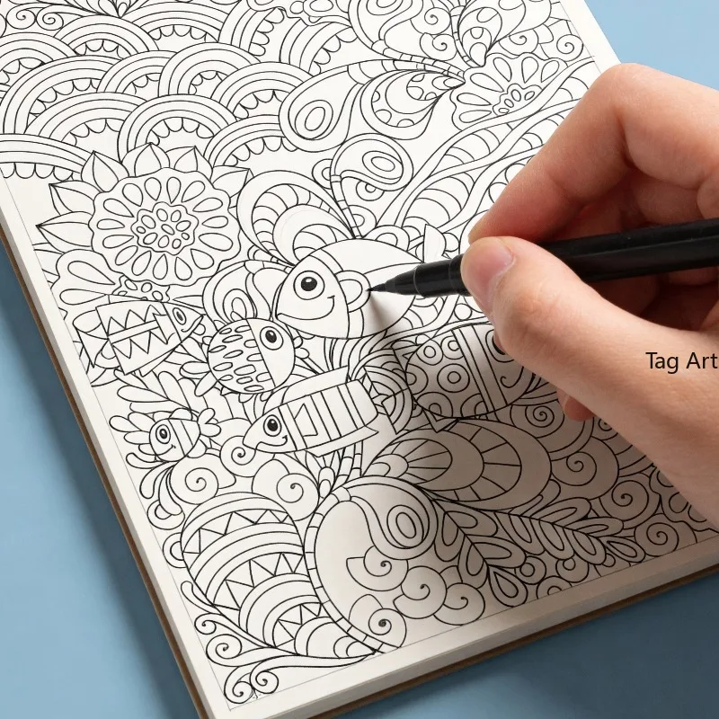 An Adult Stress Relieving Copying and Coloring Picture Book with Lines and Graffiti, 24 Themes Such As Flowers/birds/mandalas