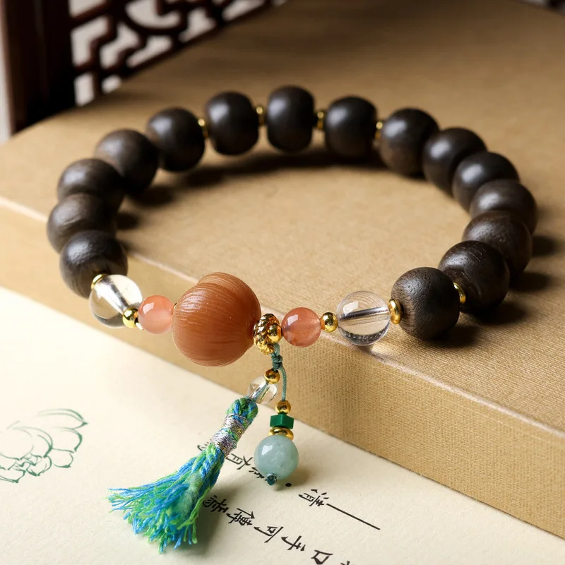 Agarwood Drum Bead Original Buddhist Root Natural White Crystal Wooden Bracelet with Gemstones Women's Bracel
