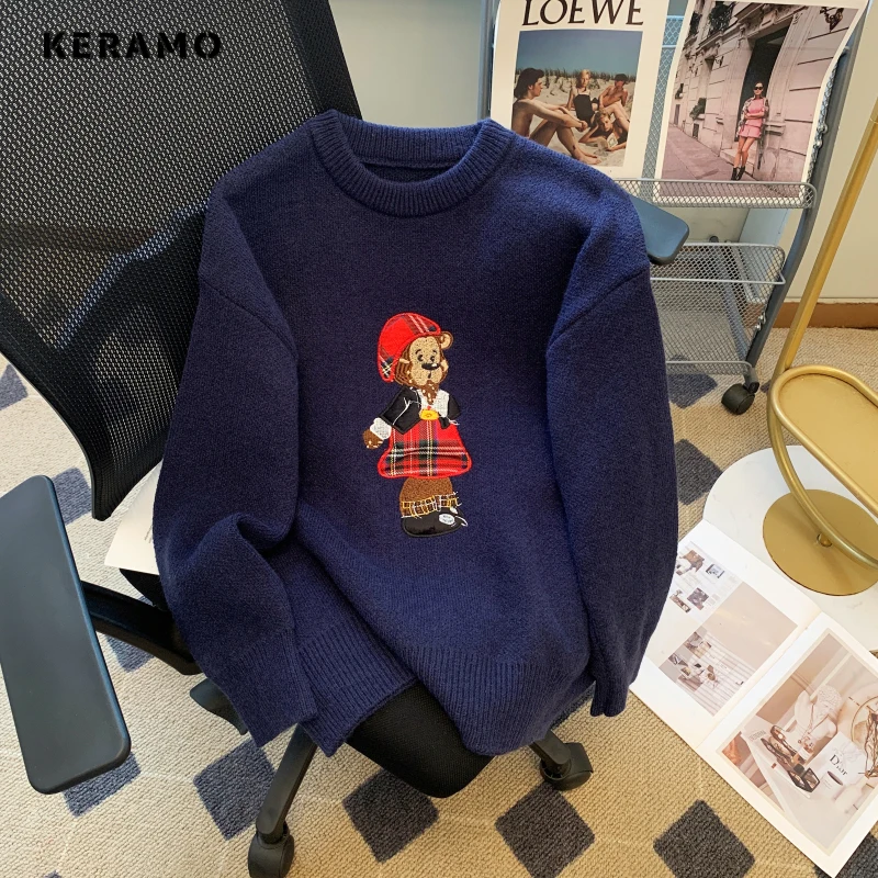 2023 Autumn Winter Casual Knitting Long Sleeve Red Pullovers For Women Vintage Loose Fit Cartoon Print Knitwear Sweater Top